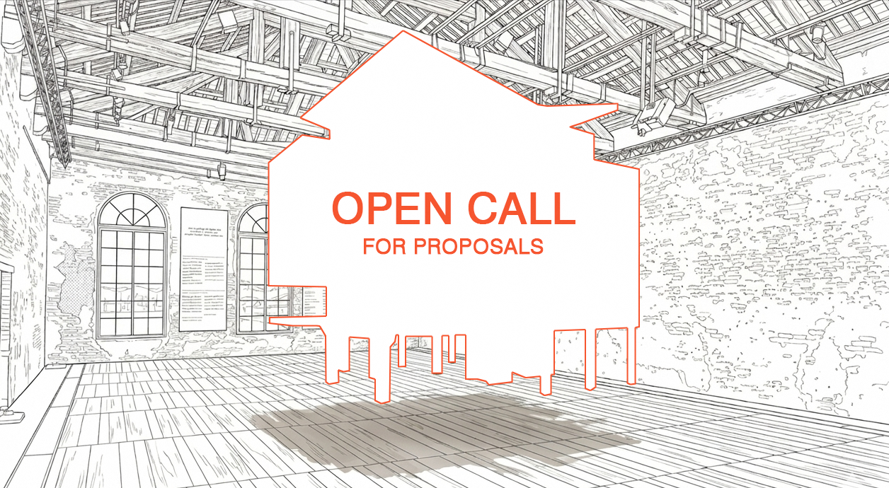 Promotional graphic reading "Open Call for Proposals" in orange, overlaid on a line drawing of a historic brick hall interior.